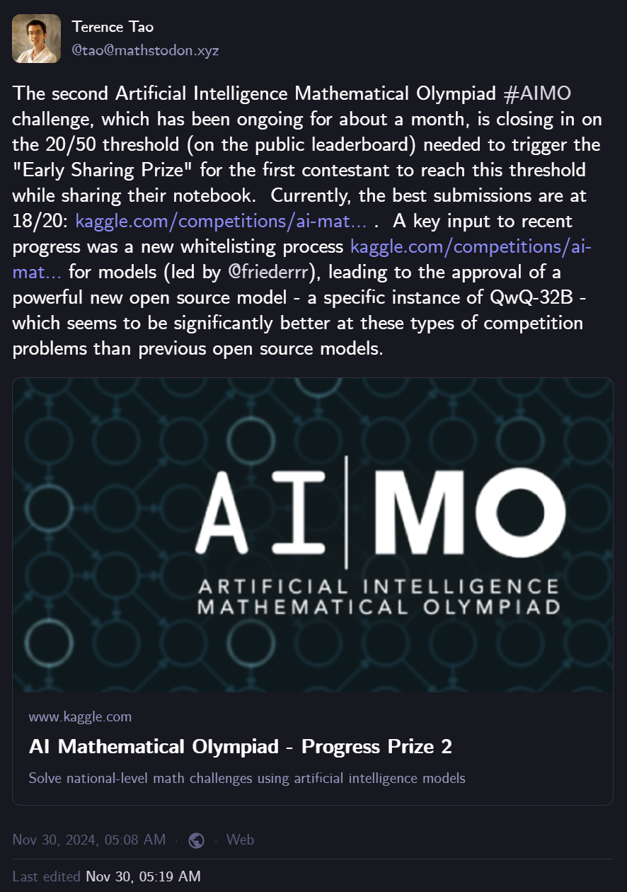 陶哲轩：通义千问QwQ奥数真厉害，开源大模型顶流-JieYingAI捷鹰AI